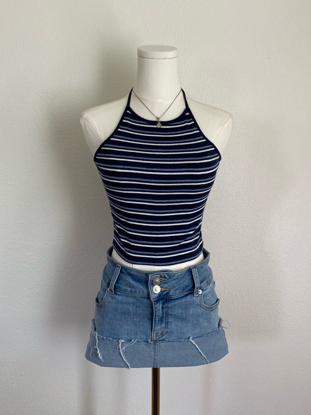 Brandy Melville Navy and White Striped Halter Crop Top Coastal Beach Casual